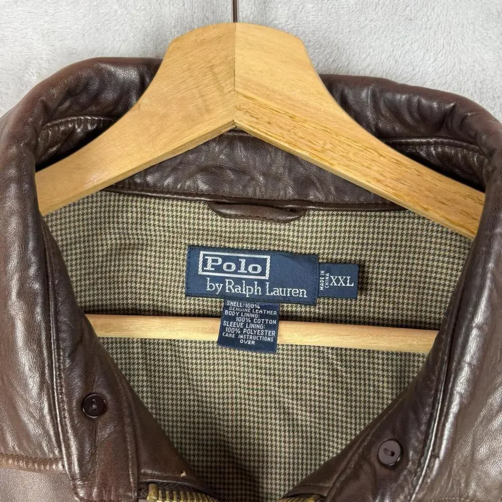 Polo Ralph Lauren Genuine Leather Jacket Brown Full Zip Vintage Men Sz XXL Rare